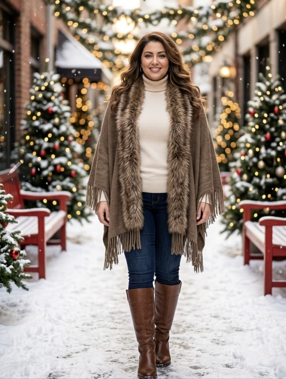 Women Brown Cape Faux Fur Trim Tassel Open Front Winter Poncho Wrap Outerwear